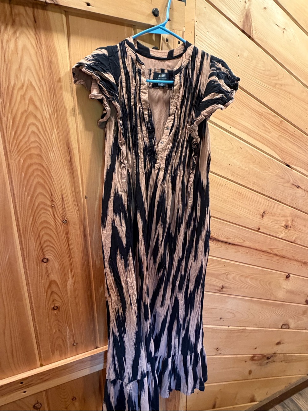Anthropologie Black and Beige Ikat-Stripe Ruffle-Sleeve Maxi Dress